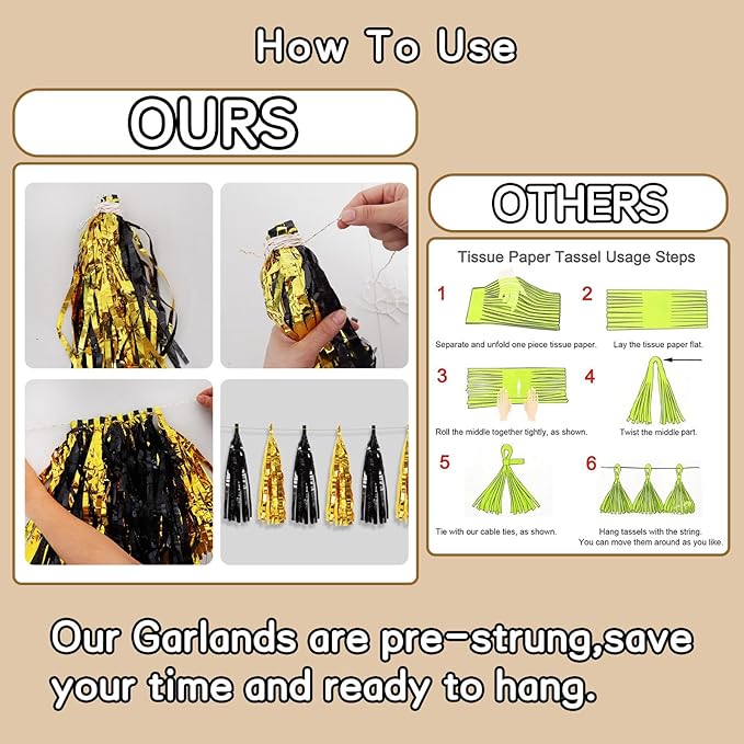 BEISHIDA 3 Packs Black Gold Metallic Foil Fringe Tassel Garland, Tassels Banner Streamers for New Year Graduation Birthday Wedding Engagement Bridal/Baby Shower Christmas Holiday Party Decoration
