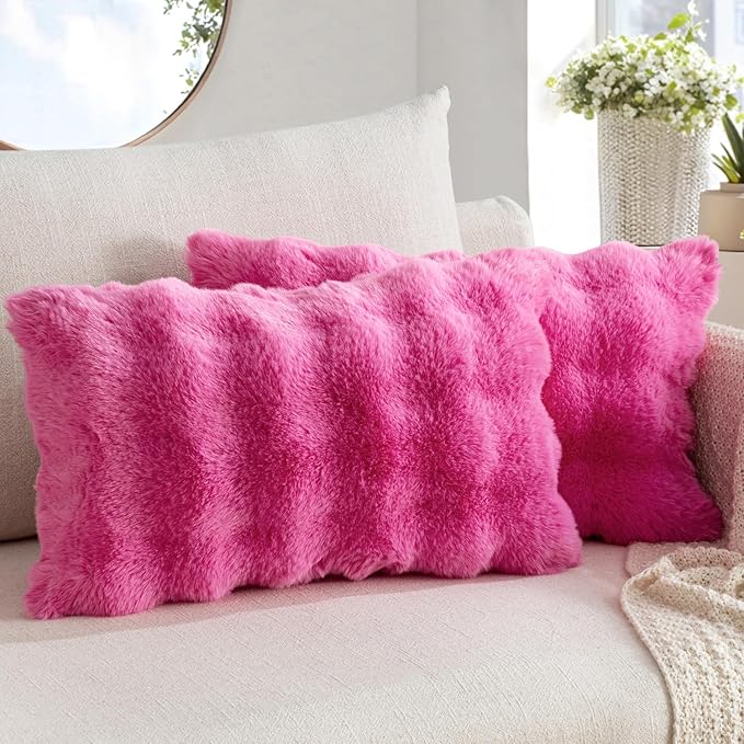 MIULEE Faux Fur Pillow Covers Thick Soft Plush Lumbar Throw Pillows Luxury Home Decor for Couch Bed Bedroom Living Room Sofa,12x20 Inch Pack of 2 Hot Pink