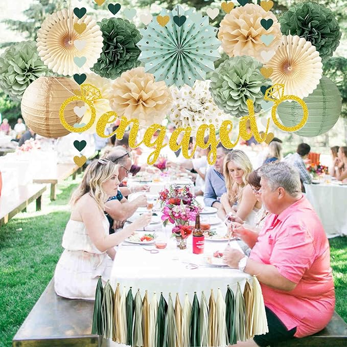 Engagement Party Decorations Sage Green Just Engaged Decorations Glitter Engaged Banner Tissue Pom Poms Paper Lanterns Tassel Garland for Married Decoration Wedding Bachelorette Party Decor