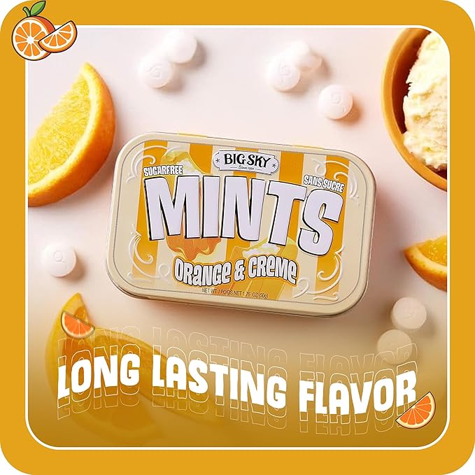 Big Sky Sugar Free Mints Orange & Cream | Sugarfree, No Artificial Colors or Flavors | Kosher Certified, Vegan, Gluten Free | Aspartame & Xylitol Free | 50 Count Tin (Pack of 6)