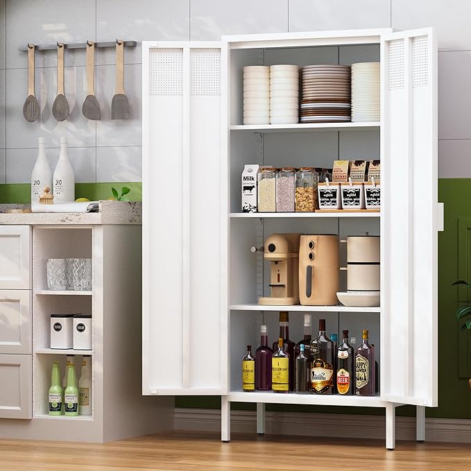 61 Inches Metal Storage Cabinet with Doors and Shelves, 4 Tier Kitchen Pantry Cabinet, Multi-Purpose Metal Cabinet for Home, Dining, Laundry, Living, Bathroom and Utility Rooms (White)