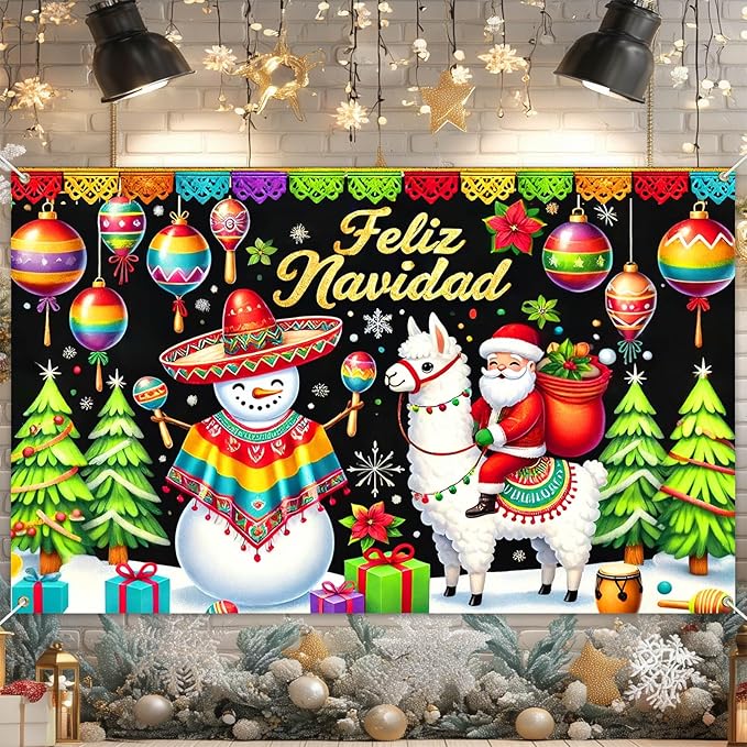 Merry Christmas Banner Winter Feliz Navidad Banner Mexican Christmas Backdrop Snowman Santa Llama Maracas Tree Ornament Scene 71x43 inch for Holiday Party Wall Decor