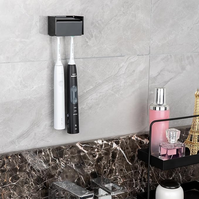2 Pack Toothbrush Holder Wall Mounted with Cover for Bathroom, 2 Slots Toothbrush Storage Organizer for Shower, Self Adhesive Toothbrush Hanger Rack for Dorm, Cabinet (Black)