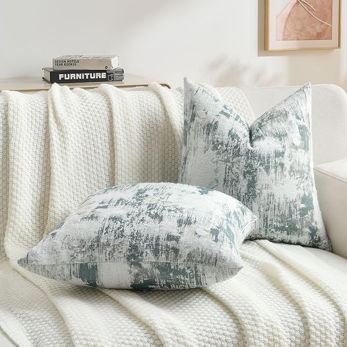 FUTEI Teal White Decorative Throw Pillow Covers 16x16 Inch Set of 2,Soft Faux Cashmere Jacquard - Textured & Cozy Cushion Case,Modern Home Decor for Couch Bed Living Room