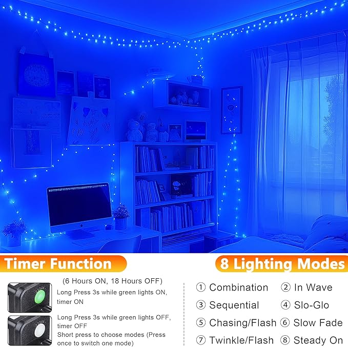 Joomer Fairy String Lights 33FT 100 LEDs Plug in Fairy Lights Indoor Copper Wire String Light DIY for Bedroom, Parties, Wedding, Christmas, Outdoor, Indoor Decoration (Blue, Non-Connectable)