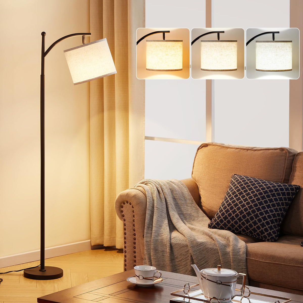 Ambimall Tall Floor Lamps with 3 Color Temperatures Bulb & Adjustable Linen Shade, for Living Room, Bedroom, Office, Classroom, Dorm Room (9W Bulb Included), Beige & Black, 60"
