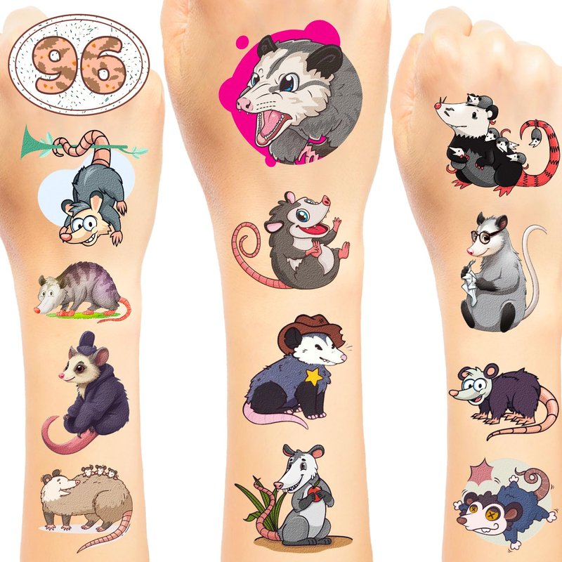 16 Sheets Possum Temporary Tattoos, Fun Opossum Stickers for Kids, Party Favors, Birthday Decorations, Classroom Rewards