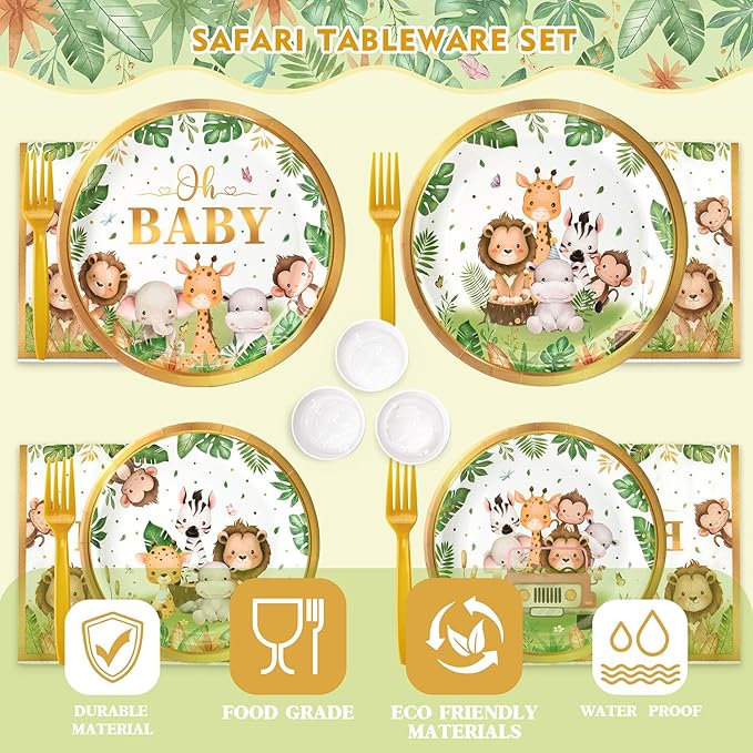 144 Pcs Safari Baby Shower Plates and Napkins (Serves 24 Guests), Plates Napkins Cups Straws and Forks Sets, Party Supplies, Jungle Safari Baby Shower Decorations