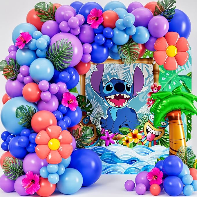 ALL-IN-1 Blue Alien Balloon Arch Kit with BONUS Palm Tree & Tropical Flowers for Cute Space Creature Theme Kids Birthday, Baby Showers & Outer Space Parties - Tropical Blue Monster Party Decorations