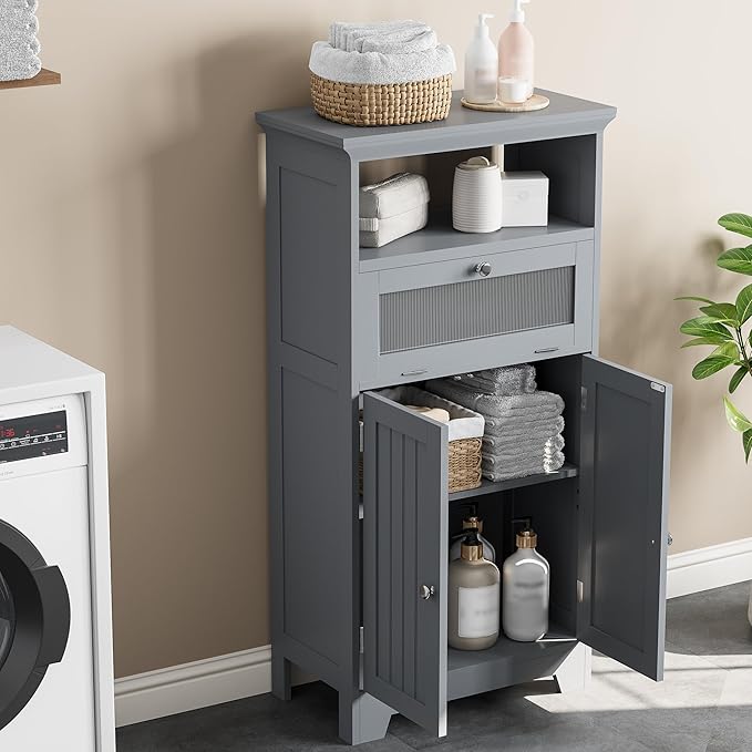 ChooChoo Bathroom Floor Storage Cabinet with Flip Glass Drawer, Bathroom Cabinets Freestanding with 2 Doors Adjustable Shelf & 1 Open Storage for Bathrooms, Living Room, Hallway, Grey