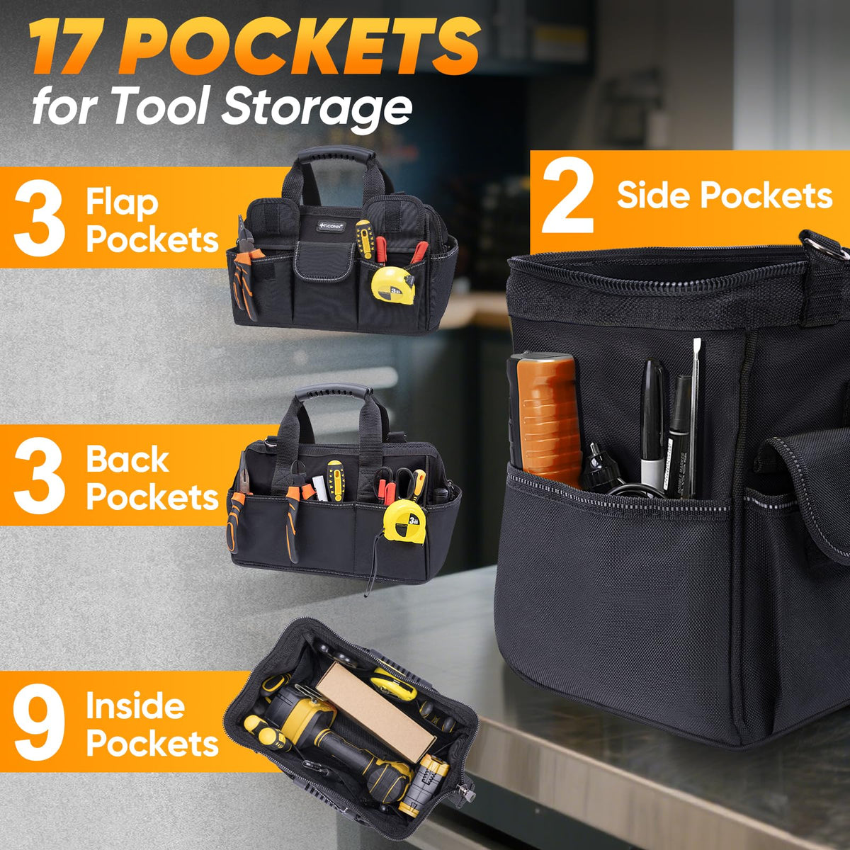 TICONN Heavy Duty Tool Bag with Multi-Pockets, Portable Tool Box Organizer Storage Bag, with Adjustable Shoulder Strap and Ergonomic Handle (Black, 12" Standard Base)