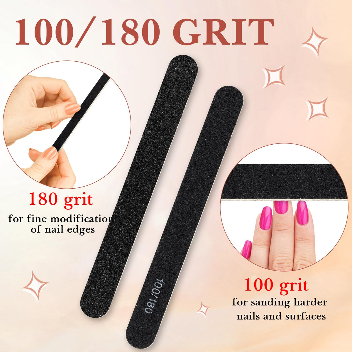 Lasnten 200 Pcs Grit Nail Files Professional Double Sided Emery Boards Reusable High Grit Nail Buffer Manicure Pedicure Tool Wood Fingernail Files for Acrylic/Natural Fingernail(Black,100/180)
