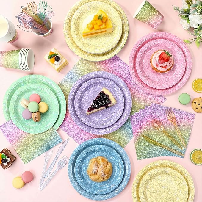 Hushee 175 Pcs Pastel Rainbow Holographic Print Party Supplies Guests Disposable Dinnerware Set Include Paper Plates, Napkins, Cups, Plastic Cutlery for Wedding Birthday Disco Bachelorette