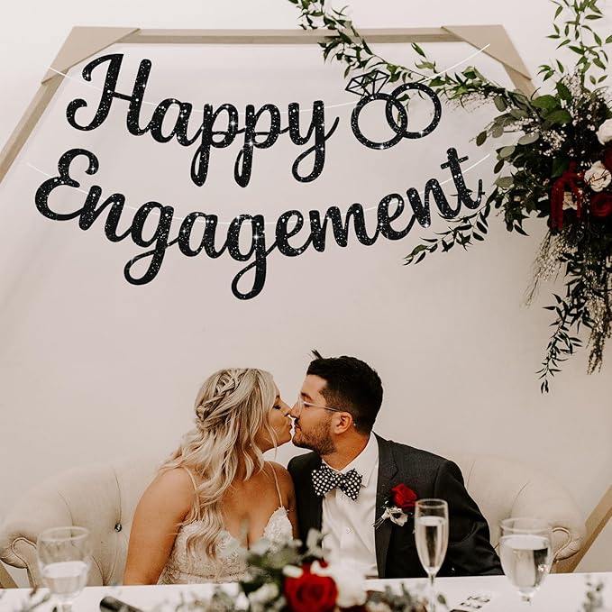 BEISHIDA Glitter Happy Engagement Banner-No DIY, Engagement Party Decorations, wedding Banners（Black）