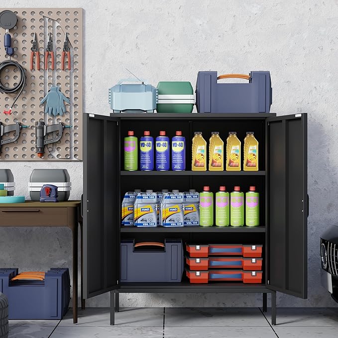 Bathroom Floor Storage Cabinet,40H Small Metal Cabinets for Storage with Doors,2 Door Black Towel Freestanding Cabinet for Small Spaces,Two Door Hallway Short Cabinets,Shallow Low Cupboard