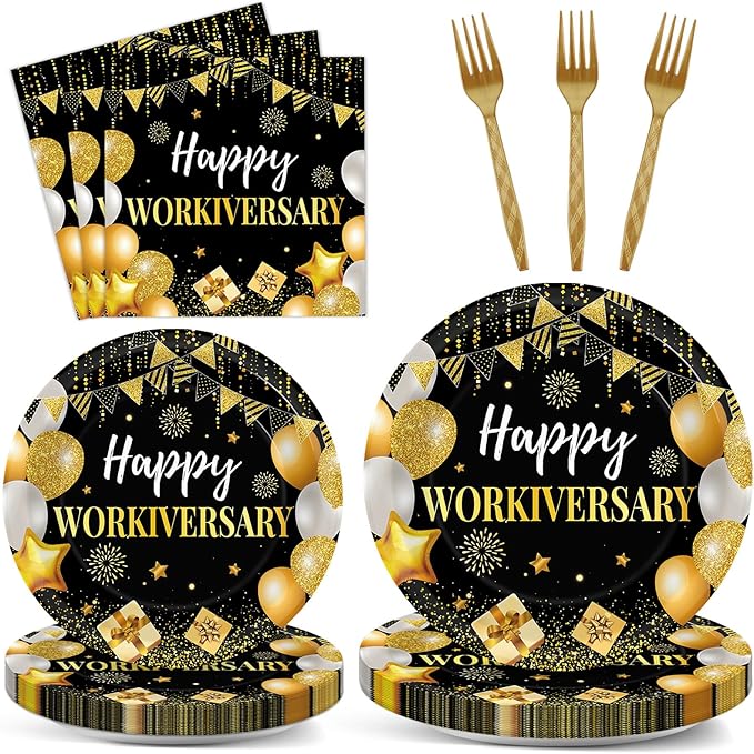 96Pcs Happy Work Anniversary Party Supplies Black Gold Happy Workiversary Tableware Dinnerware Set Worker Appreciation Plates Napkins Decorations for Women Men Office Employee Worker