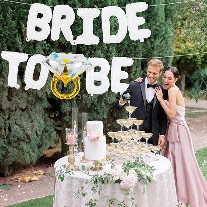 Bachelorette Party Decorations, White Bride To Be Bridal Shower Letter Balloons Banner with Diamond Ring Mylar Foil Balloon for Engagement Wedding Photo Booth Hen Night Room Party Decor