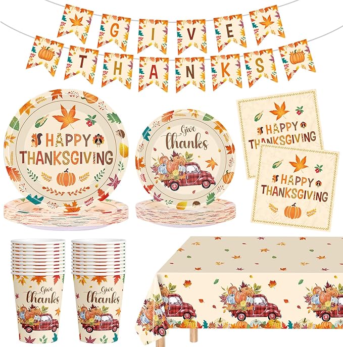 102 Pcs Thanksgiving Party Supplies Sets - Includes Happy Thanksgiving Dinner Paper Plates Napkins, Give Thanks Banner Dessert Plates Cups Tablecloth for Fall Thanks Giving Party Decorations, Serve 25