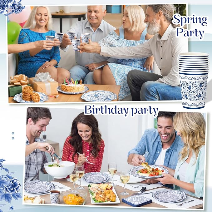 Pickmesh 250 Pcs Blue White Floral Party Supplies Decorations Serve 50 Blue and White Porcelain Pattern Disposable Paper Plates Napkins and Cups for Chinoiserie Baby Shower Birthday Wedding Tea Party