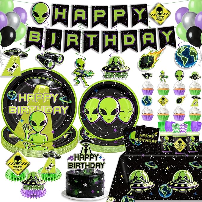220 Pcs Alien Birthday Party Decorations Tableware Set - Service 25 Guests - Includes Banner, Cake Topper, Balloons, Plates And Napkins Paper Cup - For UFO Theme Party