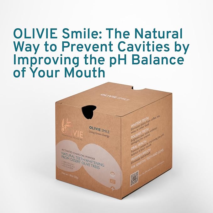 Organic Activated Charcoal Powder for Teeth Whitening by Olivie Smile, Natural Toothpaste Alternative, Desert Olive Tree Charcoal, Fluoride and Chemical Free 1.8 oz
