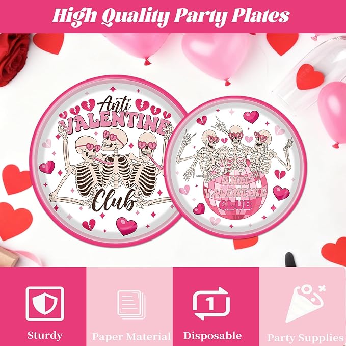 Rakuto Valentines Day Plates and Napkins Party Decorations, 96PCS Anti Valentine's Day Paper Plates and Napkins Decor, Galentines Anti Valentine Club Themed Forks Decoration for Home Wedding