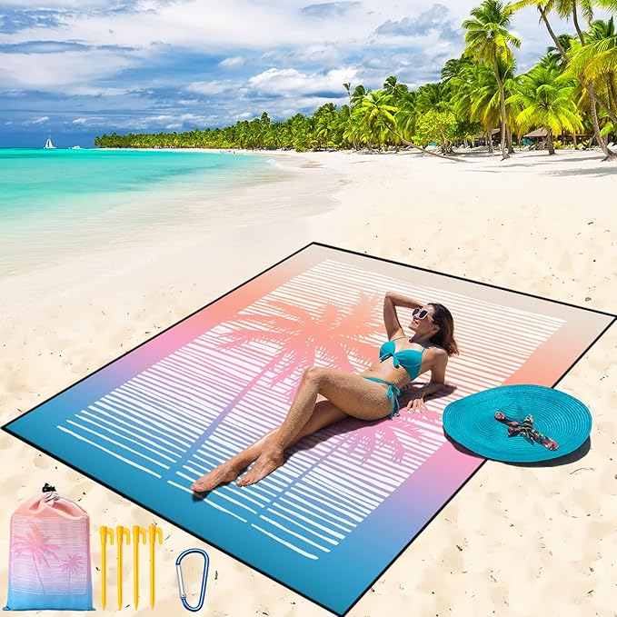 WIWIGO Beach Blanket Waterproof Sandproof Beach Mat 79" X 83"/10'x9'for 2-8 Adults Quick Drying Outdoor Picnic Mat Beach Accessories for Travel, Camping, Hiking