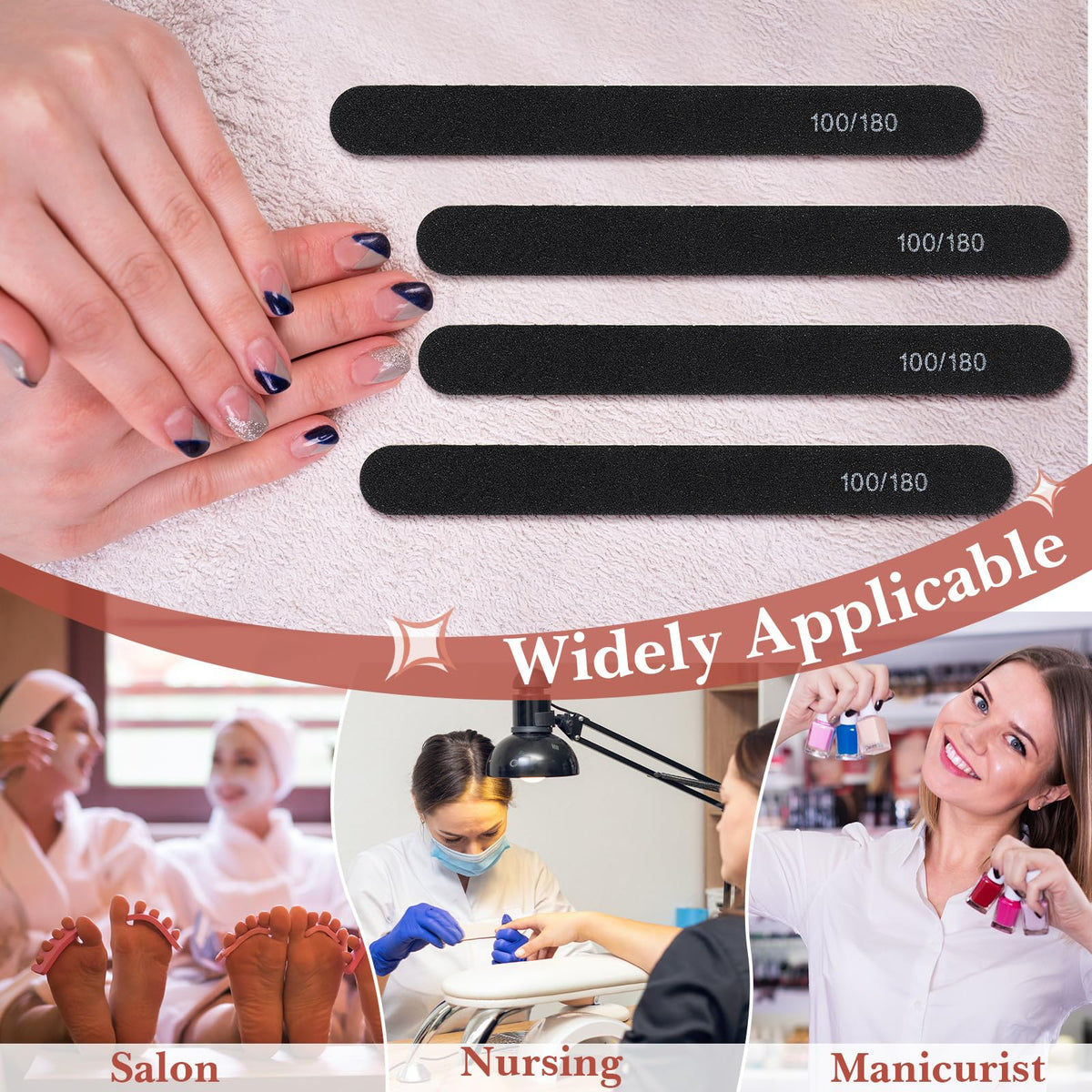 Lasnten 200 Pcs Grit Nail Files Professional Double Sided Emery Boards Reusable High Grit Nail Buffer Manicure Pedicure Tool Wood Fingernail Files for Acrylic/Natural Fingernail(Black,100/180)