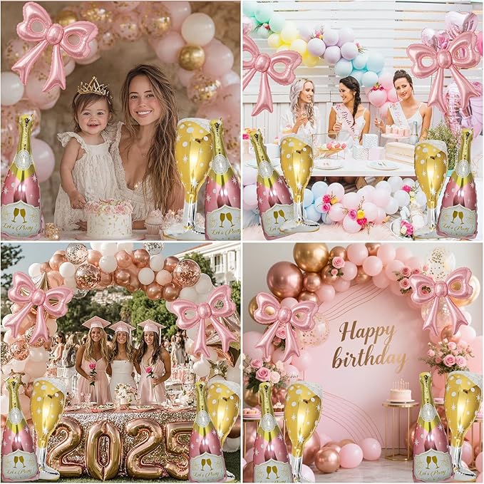 6 Pcs Pink Bow Balloons, Huge Rose Gold Champagne Bottle Goblet Aluminum Foil Balloons for Birthday, Bachelorette, Bridal Shower, Wedding, Anniversary, Engagement Party Decorations Supplies