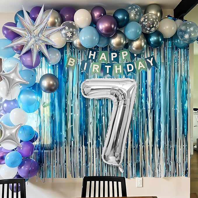 Snow 7th Birthday Decorations Girl, Snowflake Balloon Garland Arch Kit, Laser Explosion Star Balloons, Silver Number 7 Balloon Tower for Baby Shower Girls 7th Snow Theme Party Supplies