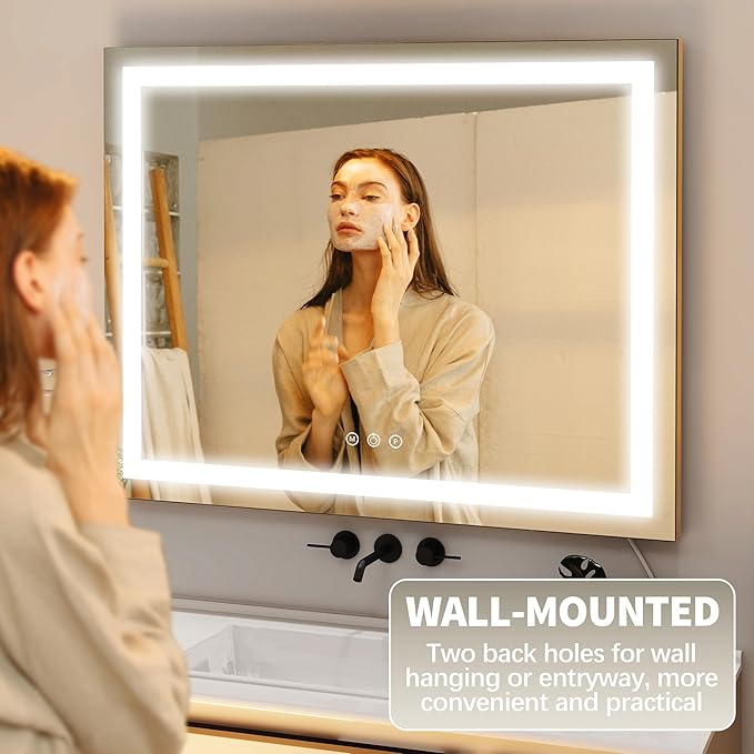 FENNIO 23" x 18" Vanity Mirror with Lights，LED Makeup Mirror，Hollywood Mirror with 3 Color Modes & Adjustable Brightness，Vanity Mirror Square Gold