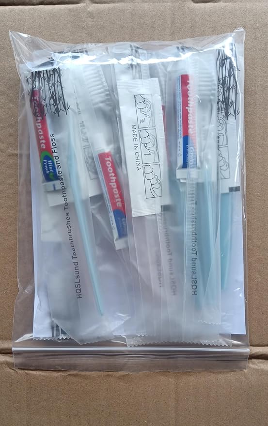 50 Pack Disposable Toothbrushes with Toothpaste Floss Individually Wrapped, 2 Color Toothbrush,10g Toothpaste,Floss Pick,Bulk Toothbrush Kit for Homeless,Airbnb,Hotel,Guest