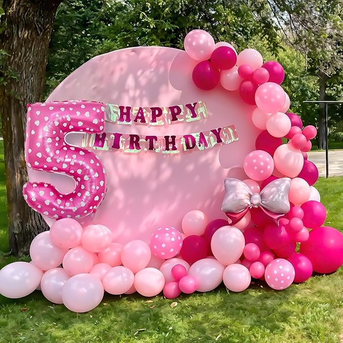 Pink 5th Birthday Balloons Decorations, Hot Pink Rose Polka Dots Balloon Arch Kit, Huge Bow Foil Balloons, pink Number 5 Balloon Tower for Baby Shower Girls Princess 5th Theme Party