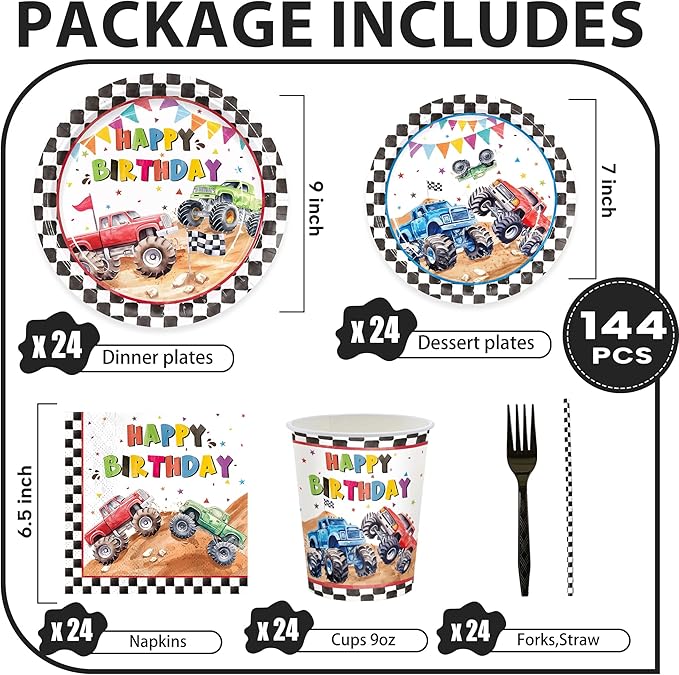 144pcs Monster Truck Birthday Party Supplies Plates Napkins Disposable Paper Cups and Straws Monster Truck Party Decorations Tableware Set for Kids Boys Birthday Decor 24 Guests