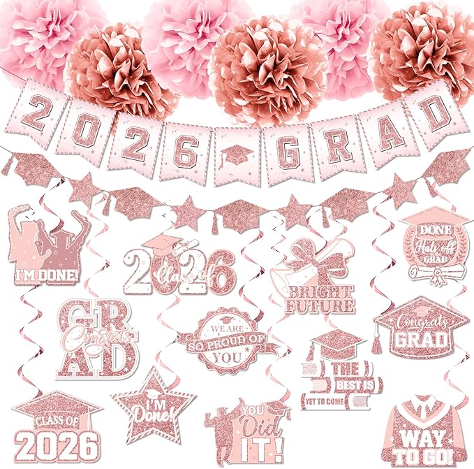 2026 Pink Graduation Decorations, 2026 Grad Banner and Congrats Grad Hanging Swirls, Rose Gold Graduation Banner Graduations Hanging Swirls College Graduations Party Decorations Class of 2026