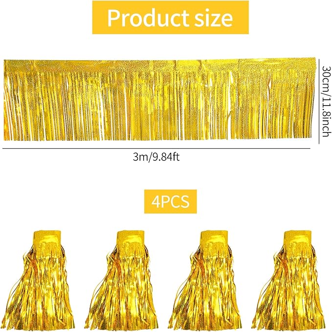 4 Packs 10 Feet Long Laser Gold Foil Fringe Garland Shiny Metallic Tinsel Table Skirts Wall Hanging Banner for Car Parade Birthday Parties Floats Wedding Baby Shower Bachelorette Garden Decorations