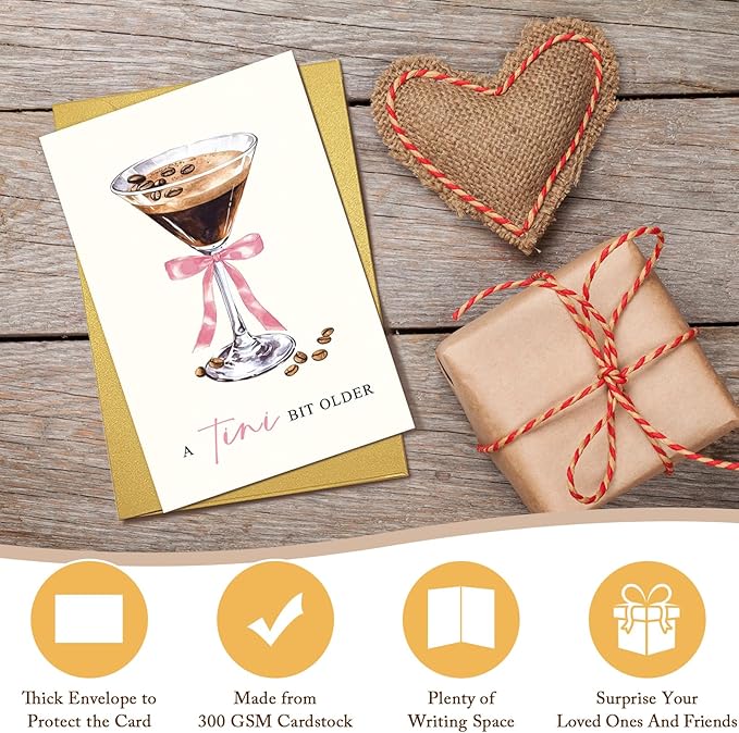 Espresso Martini Birthday Card for Friends, Classic Coffee & Cocktail Birthday Card for Women Girl, A Tini Bit Older Pun Bday Cards for Sister Mom Aunt Grandma Daughter Niece