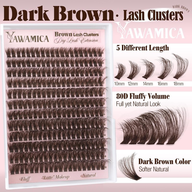 Dark Brown Lash Clusters 80D Fluffy Wispy Volume Cluster Eyelash Extensions D Curl 10–18mm Individual Cluster Lashes 240PCS Brown Eyelash Clusters DIY Lash Extension for Natural Glam Look by Yawamica
