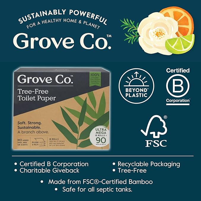 Grove Co. Bamboo Toilet Paper Tree Free & Septic Safe Bath Tissue, Ultra Soft, Durable, & Absorbent 3 Ply Sheets (1 Roll = 44.4 sq ft) Bulk Toilet Paper (Pack of 24 Rolls)