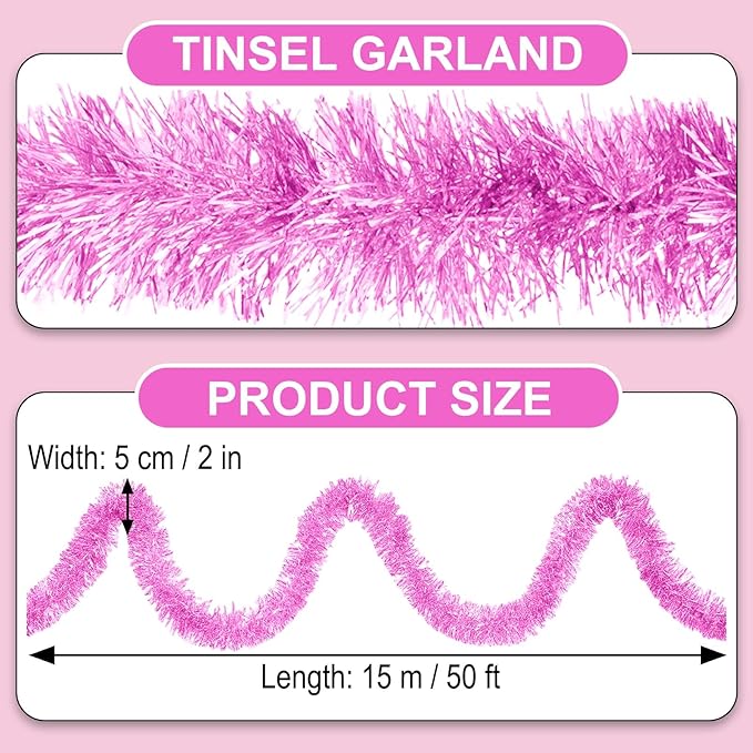 50 Feet Macaron Pink Christmas Tinsel Garland, Metallic Foil Twist Garland Wall Hanging Tinsel Banner Backdrop for Parade Floats, Easter, Mother's Day, Wedding Party Decorations (2in x 50ft)