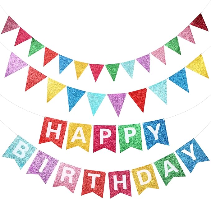 Irenare 4 Pieces Happy Birthday Banner Colorful Birthday Party Decor Rainbow Felt Garland Banner Rainbow Party Decorations Supplies (Shimmering Pink)