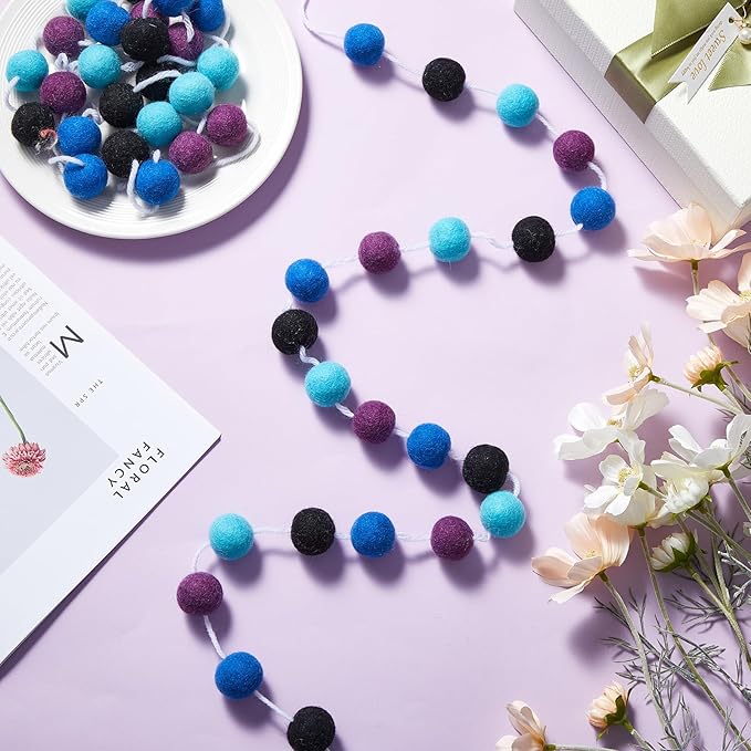 Boao 2 Pieces Wool Felt Ball Garland Colorful Pom Pom Garland Handmade 6.5 Feet Long 24 Balls Felt Banner for Wall Christmas Tree Decoration (Black,Purple,Blue)