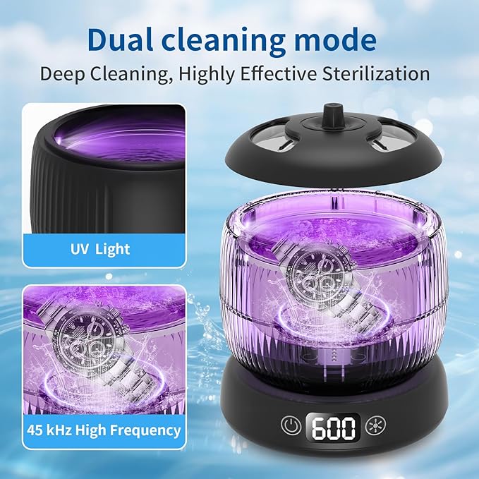 2025 Upgraded Ultrasonic Retainer Cleaner Machine,Separate Retainer Cleaner for Night Guards, Braces, Aligner, Toothbrush, Jewelry, 4 Modes Denture Cleaner & Removable Base and Top Cover(Black)