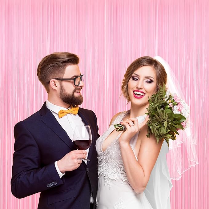 2Pack Pink Foil Curtain Pastel Pink Backdrop Streamers, Door Streamers Photo Booth Backdrop for Birthday Wedding Party, Metallic Tinsel Foil Fringe Curtains for Bachelorette Xmas Party Decorations