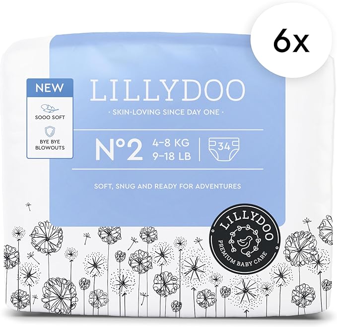 LILLYDOO Baby Diapers - Size 2 (9-18 lbs), Monthly Supply (204 Count), Leak Protection, Skin-Friendly, Ultrasoft, Perfume- & Chlorine-Free, Hypoallergenic, dermatologically Tested, Oeko-TEX®