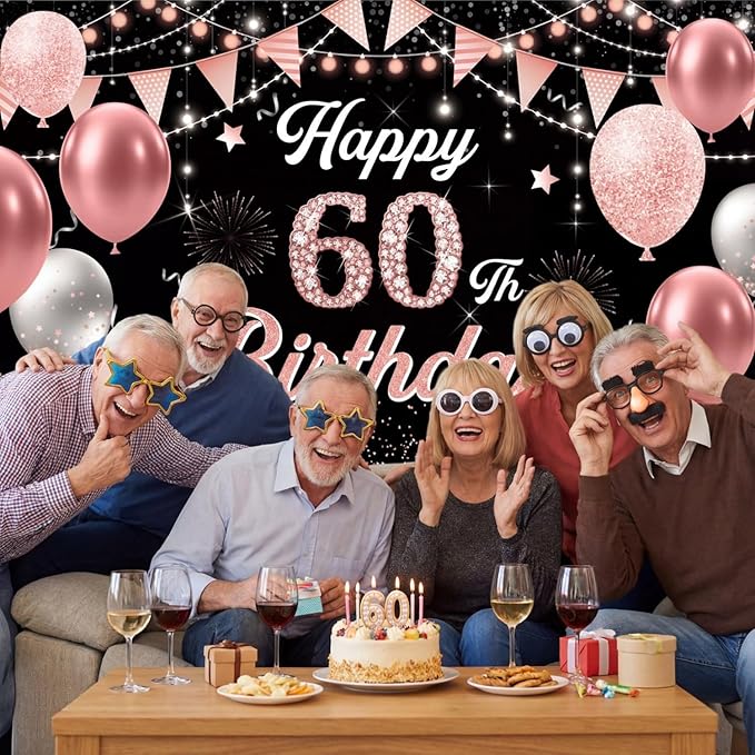 60th Birthday Decorations for Women - Happy 60th Birthday Banner Decorations Cheers to 60 Years Birthday Party Indoor and Outdoor Decoration Suppiles Pink Backdrop for 60th Birthday Party Favors Decor