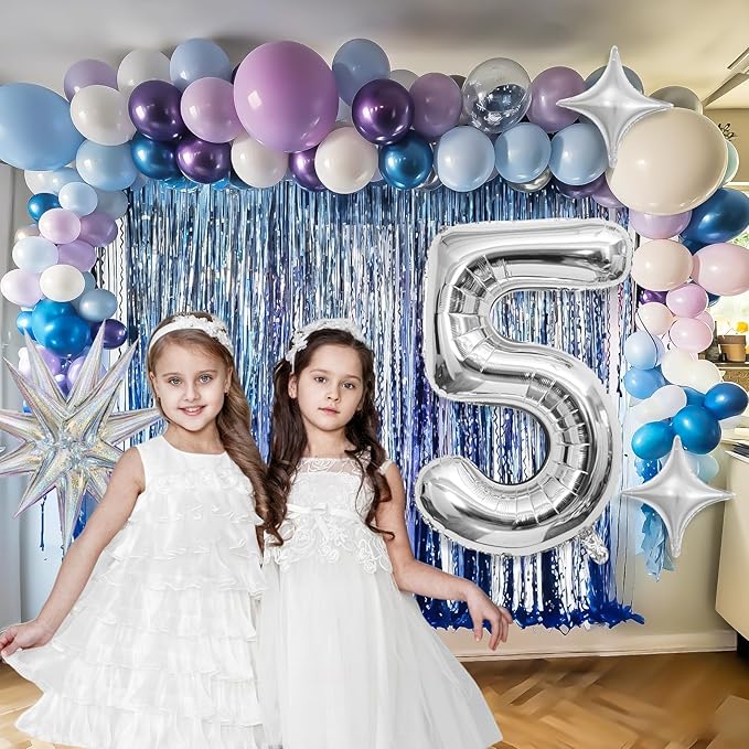 Snow 5th Birthday Decorations Girl, Snowflake Balloon Garland Arch Kit, Laser Explosion Star Balloons, Silver Number 5 Balloon Tower for Baby Shower Girls 5th Snow Theme Party Supplies