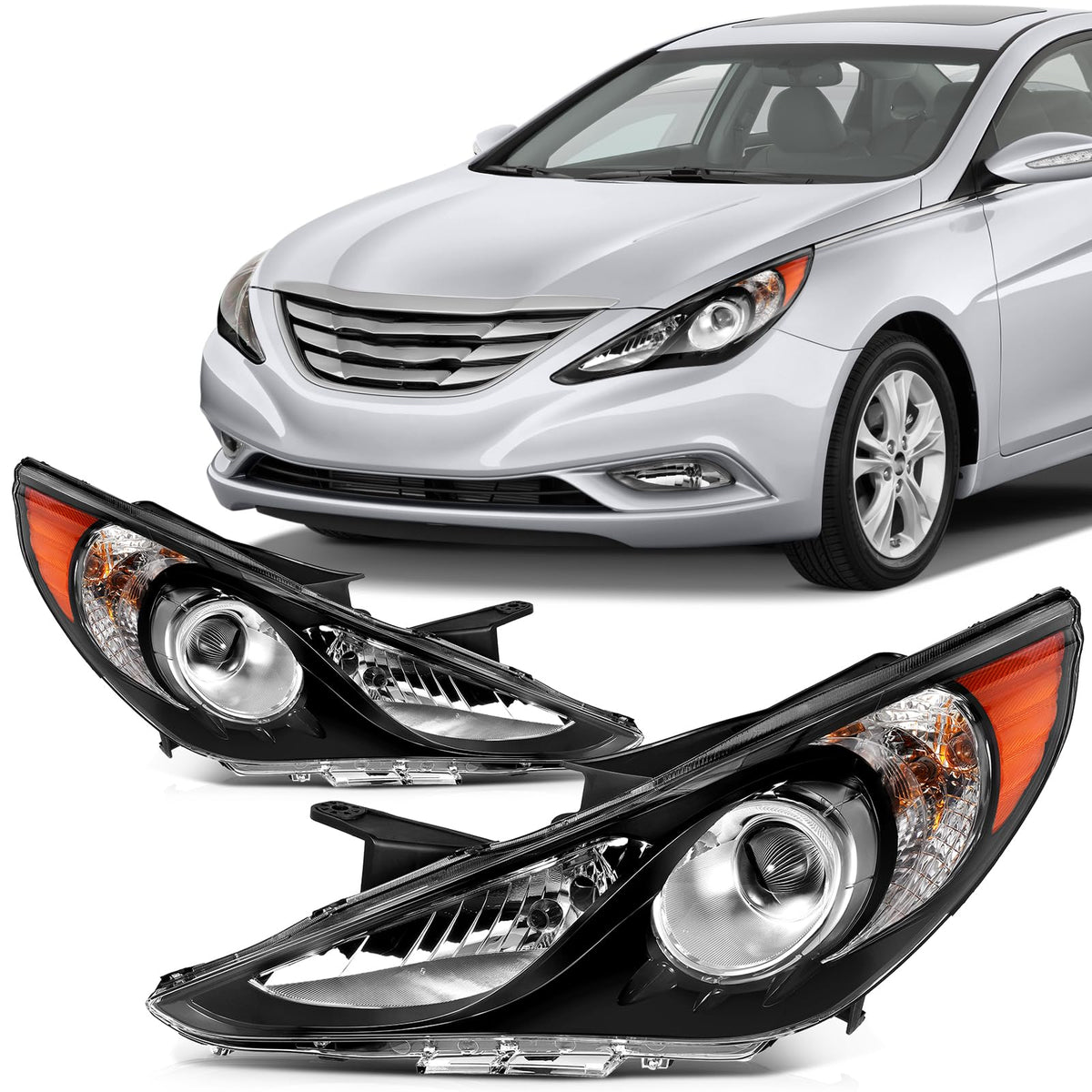 SCITOO Headlights For Hyundai Sonata 2011-2014(NOT FIT Hybrid Models) Headlamps Black Housing Amber Reflector Clear Lens Driver