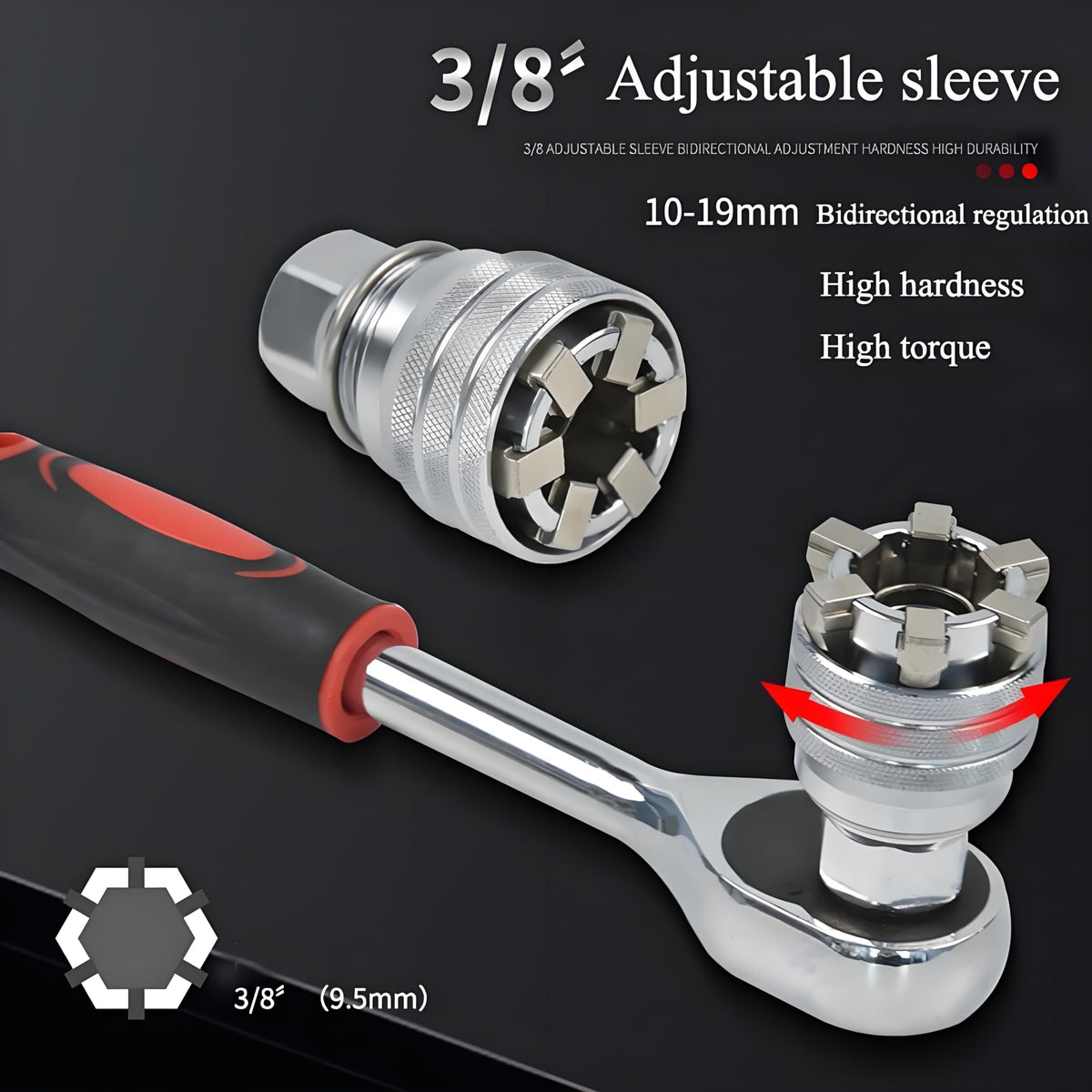 Abruga Upgraded Adjustable Universal Socket Wrench, Manual Socket Wrench, Multifunctional Sleeve, 10mm-19mm Universal Sockets Tools for 3/8" Drive Ratchet Torque Wrench and Power Drill