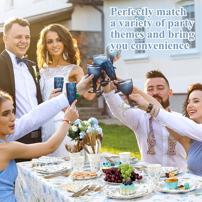 Pickmesh 194 Pcs Blue Floral Party Supplies for 24 Guests, Spring Floral Paper Plates and Napkins Cups Tablecloth Cutlery for Women Birthday Tea Bridal Shower Garden Party Supplies